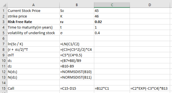 45 46 0.02 t 0 0.4 1 Current Stock Price 2 strike price 3 Risk Free Rate 4 Time to maturity in years) 5 volatility of underli