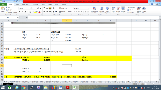 OPTIMAL RISKY PORTFOLIO VC AMORT SINKING JORDAN - Microsoft Excel (Product Activation Failed) Data Review View Add-Ins File H