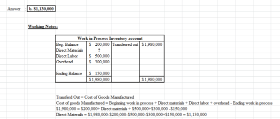 Answer b. $1,130,000 Working Notes: Work in Process Inventory account Beg. Balance $ 200.000 Transferred out $1,980,000 Direc