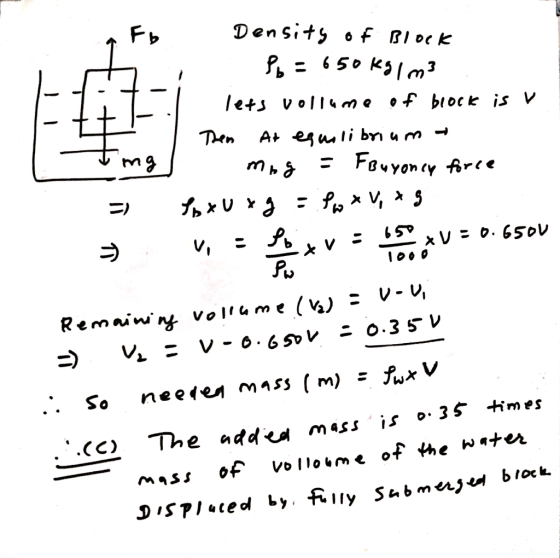 t. Density of Block . P = 650 kg / m3 lets vollume of block is V Then At equilibrium a mag = Buyoncy force I x U xg = Pw*V, x