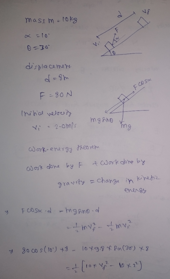 mass m roks diplacamere F COSA F 80N tniha welouty mgAho 2-ompr Work energy theoreh Work cbre by Wak done by F graNity Change