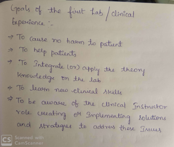Goals of the Experience :- first hab / clinical → - To cause no harm to patient To help patients To Integrate Lor) apply the