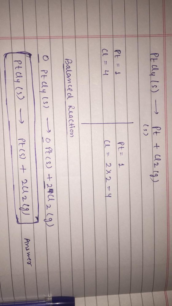 PEcly (s) Pt & u2(g) Pt=1 a = 4 Pt= 1 a = 2X2=4 Balanced Reaction 0 Ptely (s) opt(s) + 24 12 (9) Answer Ptely (3) Pt (s) + 24