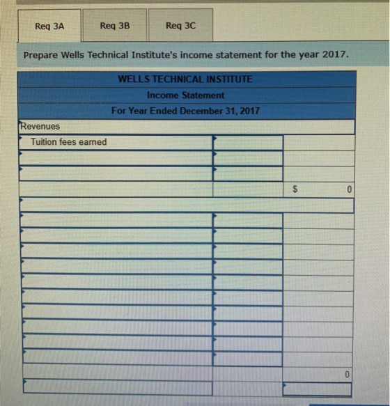 Req 3A Req 3B Req 3C Prepare Wells Technical Institutes income statement for the year 2017. WELLS TECHNICAL INSTITUT Income Statement For Year Ended December 31, 2017 Revenues Tuition fees earned