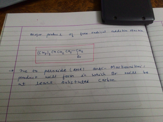 major product of free radical addition reaction. (Сн, ), он сн, си, сч, Br Due to peroxide (ROOR) anti- Markornikows product