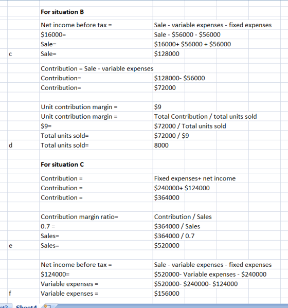 For situation B Net income before tax = $16000= Sale= Sale= Sale - variable expenses - fixed expenses Sale - $56000 - $56000