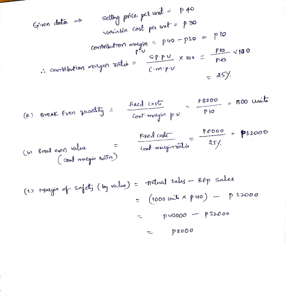 sety pice pet unt nit P 40 Given data P30 Vriable Cot pen pto Contibution woigin Talio PuO C-M p.U fixed cos Ca) Break Even u