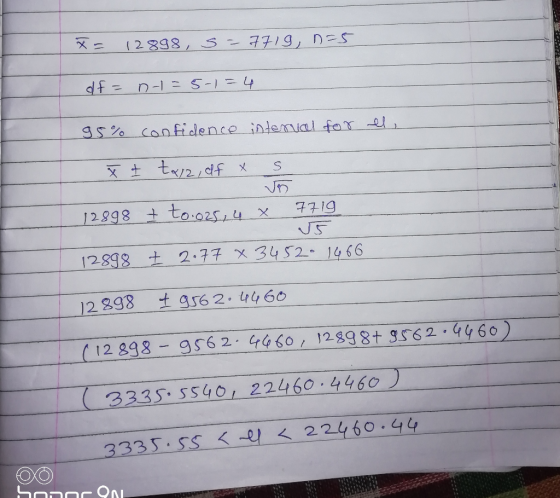 12898, 5 - 7719, n=5 of = D-I = 5-1=4 95% confidence interval for el, ¥ Į tuz,df x s 12898 & to.025, 4 x 7719 12898 Đ 2.77 x