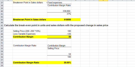 37 Breakeven Point in Sales dollars - Fixed expenses Contribution Margin Ratio 38 339,660 37% Breakeven Point in Sales dollar