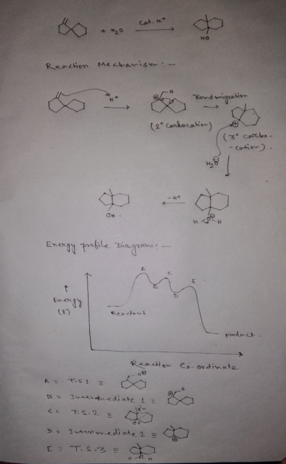 Cat, at + H₂O HO Reaction mechanism:- and migration (2° Carbocation) (3° carbo- -cation). - 4 Doo OH. H Energy profile Diagra