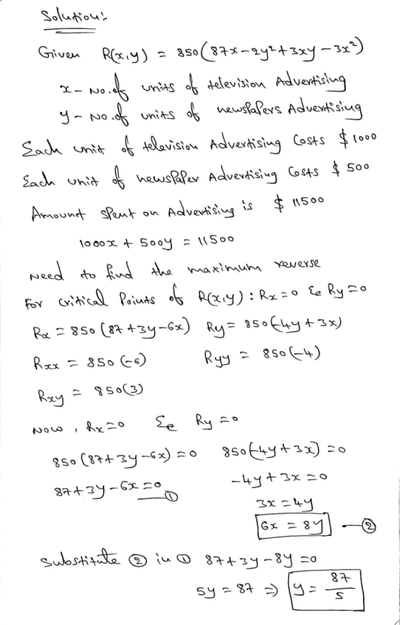solutions Given Roy) 850 (878-9y2 + 3xy –3x2) No. of units of television Advertising go no. of units of newspapers Advertisin