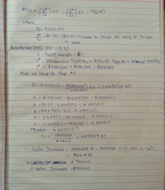 AFN = (At) as - (LA) AS - MS(RR) where So= 40,00.000 * = 80.55 =$0.55 increase in Asset for every $1 increase So in sales. Re