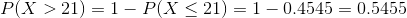 P(X> 21)= 1 - P(X\leq 21) = 1 - 0.4545 = 0.5455