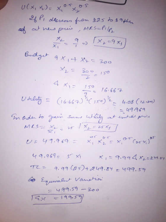 u(x, tz) = xoxo If P, decreases from $25 to $9then of cet new peruie, MRS=1.122 Budget axit X2 = 300 x2 = 300-150 4 x1= 150 1