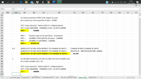 ©vo a 1x 2 ENG 01:43 = 1 23-03-202026 BX53 X ✓ fx 2 BW BX BY BZ CA CB CCCD CE CFCG CH CI CJA 30 31 To check senstivity of NPV