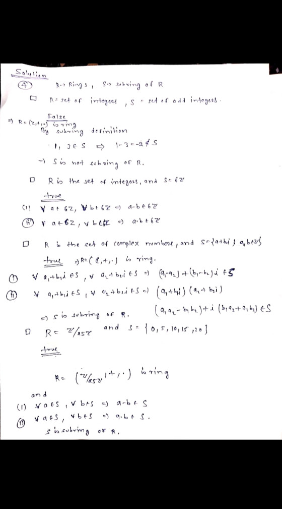 Solution Roy Rings, S-> Subring or R Ra set of integers S set of old integess false -) R (24) is nina By subring definition 1