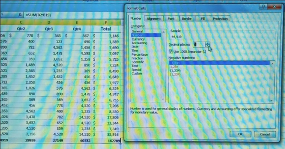 Format Cells Number Alignment Font Border Protection 56 $ 576 Sample 44,919 890 Category: General Number Currency Accounting