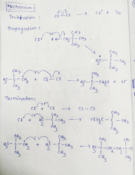 cina cita Mechanism Initaation : Propagation : clo m TH - (H3. CH₂ - C- CH3 : CH3 CH3 Ctz HC-C- CH₂ + cel ce HC- C - CH3 or C