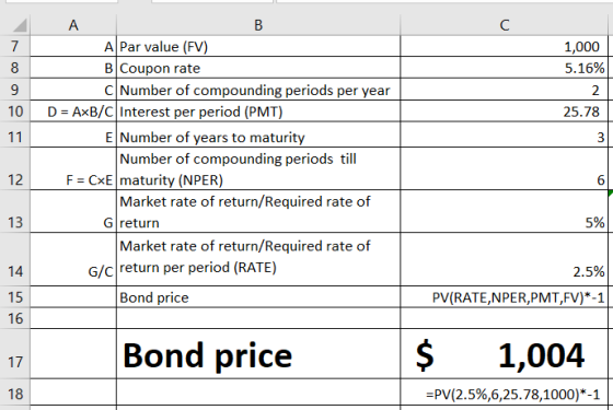 С 7 8 9 10 1,000 5.16% 2 25.78 11 3 A B A Par value (FV) B Coupon rate Number of compounding periods per year D = AxB/C Inter