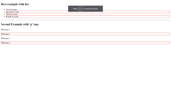 first example with list First list item Press F11 to exit full screen Secod list item Third list item Fourt list item Second