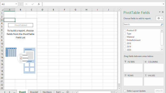 A3 A B с E F H 1 J 1 PivotTable Fields X 2 Choose fields to add to report: 8 3 4 PivotTable2 Search 5 6 7 8 To build a report