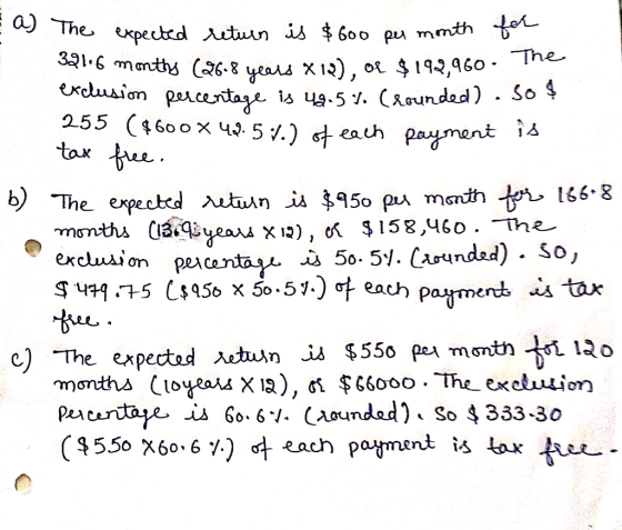 payment is of each b) The expected return is $600 pu month for monthy (26.8 years X12), of $192,960. The exclusion percentage