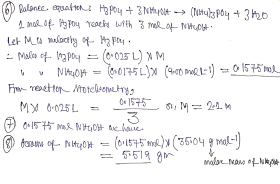 Balanee equatton Poy 3My014 mal of Poy reaes wth 3 moeo NHuD (N3Poy t3 2o Let M a malacthg 3 py Males of poy = 025 L M 0175 L