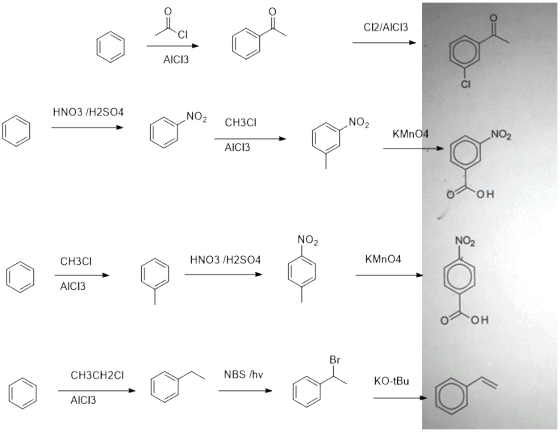 CI2/AIC13 CI AICI3 Cl HNO3 /H2S04 NO2 CH3CI NO2 KMn04 NO2 AICI3 NO2 NO2 CH3CI HNO3 /H2SO4 KMn04 AICI3 Br CH3CH2CI NBS /hv KO-
