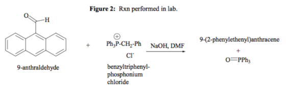 Figure 2: Rxn performed in lab. O) 9-(2-phenylethenyl)anthracene Ph,P-CH2-Ph NaOH, DMF CI O PPh3 benzyltriphenyl- phosphonium