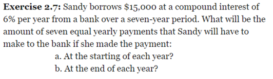 Exercise 2.7: Sandy borrows $15,000 at a compound interest of 6% per year from a bank over a seven-year period. What will be