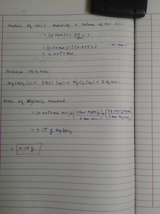 Volume o HCL in L maler 01 HCLE - (o.20M)(2 5 L) -M mal.L (o.20 met. L) (.. 025 L O0ON00ma re actien Balance 2 HCI (a1-My Cl