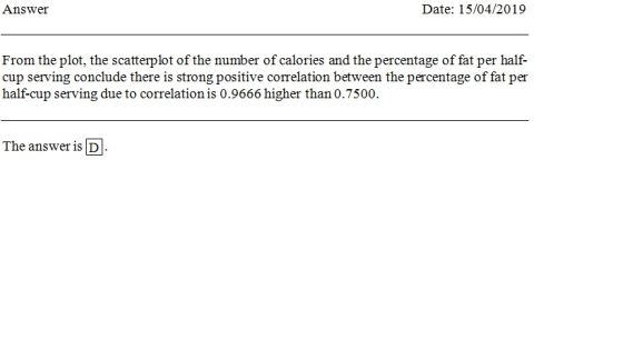 Answer Date: 15/04/2019 From the plot, the scatterplot of the number of calories and the percentage of fat per half cup servi