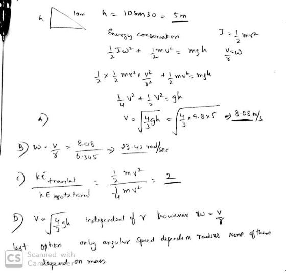 h = 10sm 30 = 5m u ^) 5) w- Energy conservation I = I onih - Ist + im ta migh vow 한 쁖 일는 mg + V² + 1 v² gh vough - 24.845 18:
