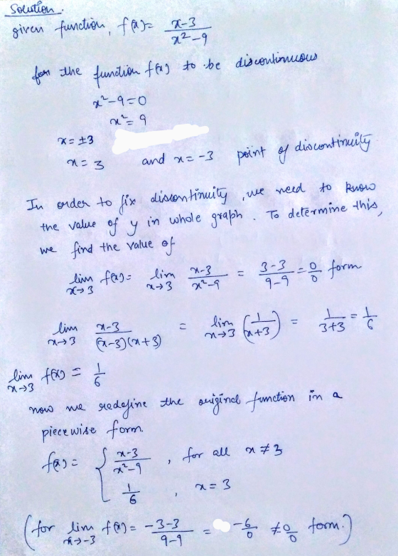 solution given function ffa) 2-3 22-9 fear the function flag to be discontinuous x²_9=0 m² = 9 X +3 n=3 and X=-3 point of dis