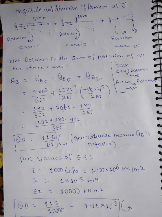 15KN 3 kN/m Magnitude and direction of Rotation at B ++ +t Rotation) VB Rotation Rotation case-I case-I case-Il tve ve 15x2