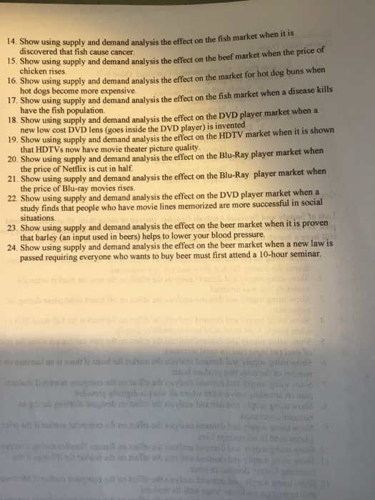 14. Show using supply and demand analysis the effect on the fish market when it is discovered that fish cause cancer. 15. Sho