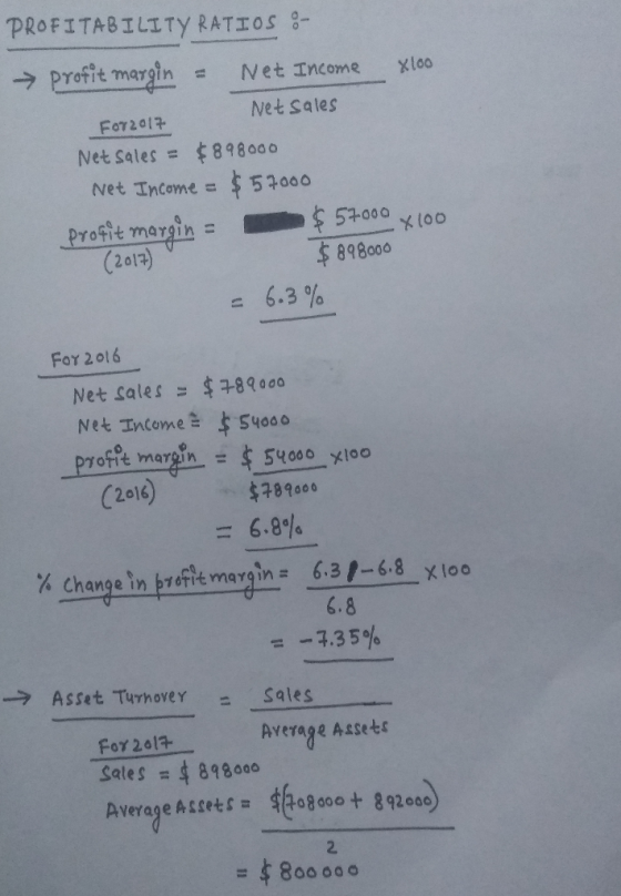 PROFITABILITY RATIOS :- → profit margin = Net Income xloo Net Sales FOT2017 Net Sales = $898000 Net Income = $57000 profit ma