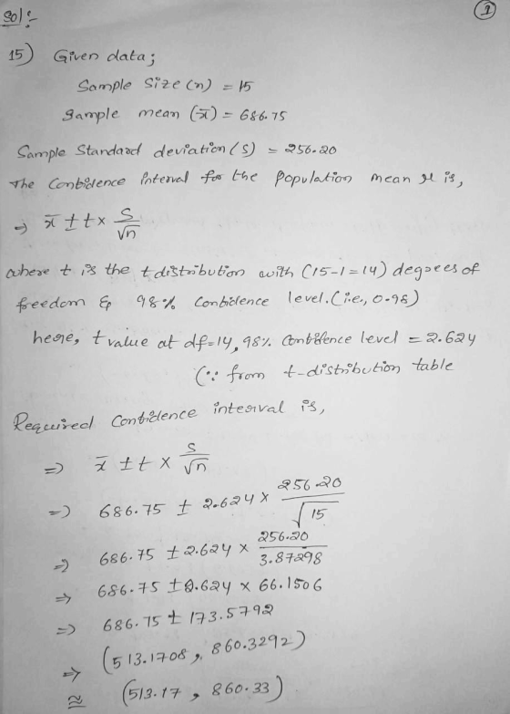 15 Given data; Sample size (n) = 15 gample mean (7) 686.75 Sample Standard deviation (S) - 256-20 The confidence interval for