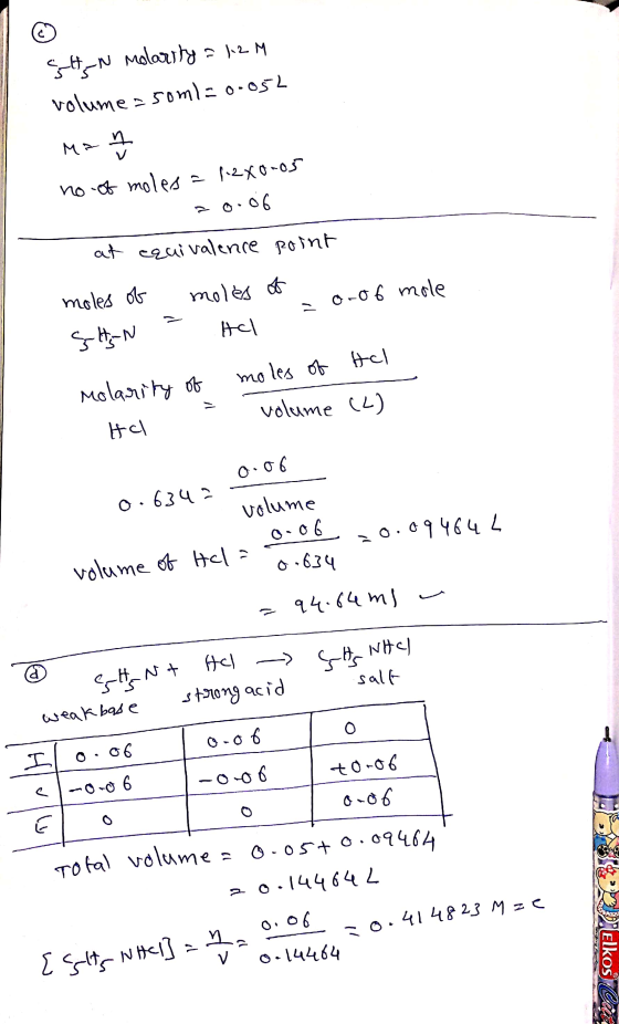 SH-N molarity = 12 M volume soml=0-054 Mat no of moles = 12X0-05 20.06. at equivalence point moles of moles of onof mole ç HN