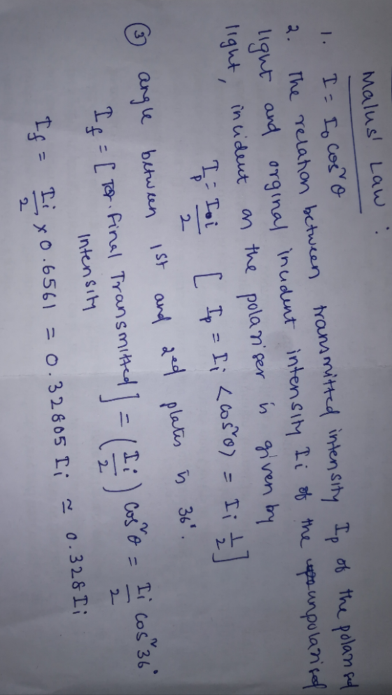 Malus Law a. rhe Yelahon between ham nitteィ inten sity IP σ6 the polampt Igut, in uidut on the pola mier i nven bhy Inten sih