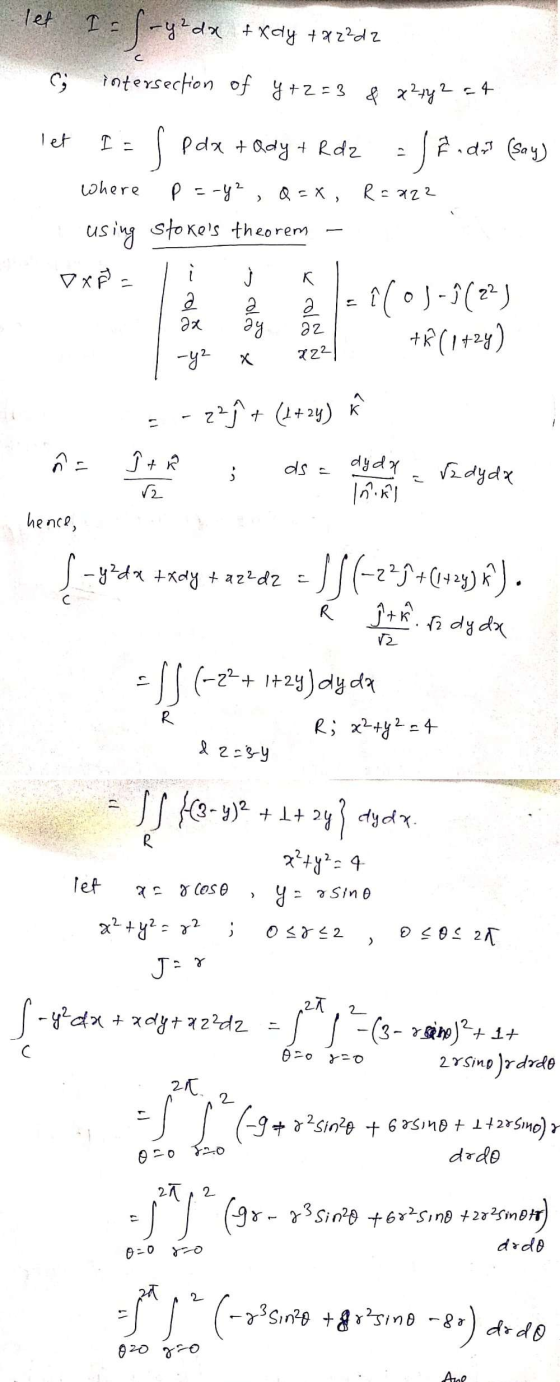 let I=(-y²da txay +22²22 2 . ; intersection of y+2=3 & x²ry 2 at let I= / pdx + Qdy + Rdz = J F dat (say) where PE-42, QX, R=