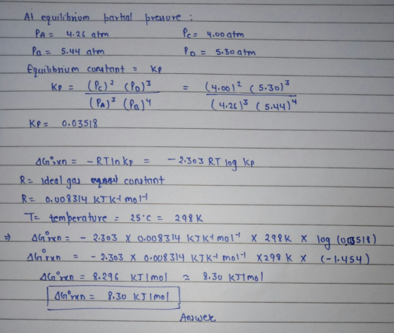 Al equilibrium bartal breyure; PA = 4.26 atm Pc = 4,00 atm PR - 5.44 atm p o = 5.30 atm Equilibrium constant : Kp. Ko = (Pc)