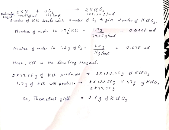 - IRU 2 K u Oz Molecular a . Weight 74.55 g/mol 16 g /mol B 122.55 8/mol 2 moles of K u reacts with 3 moles of Oz to give a m