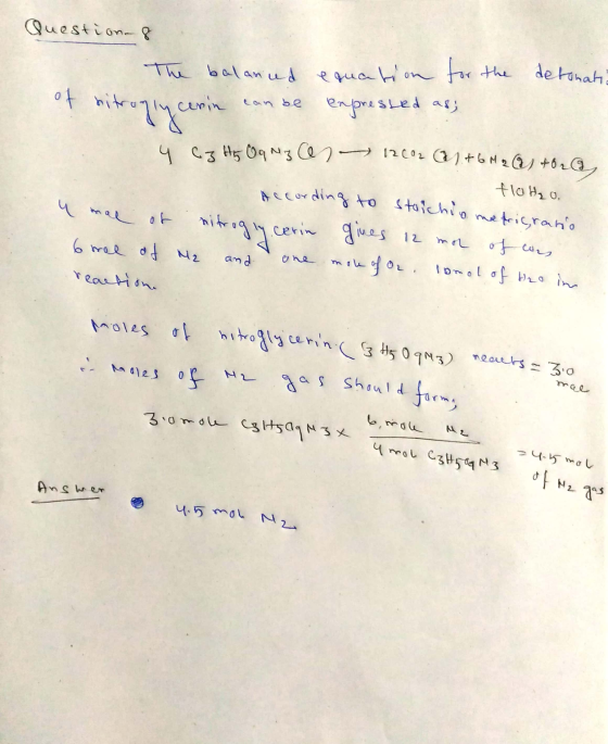 Question 8 detonate The balanced of nitroglycerin can be equation for the expressed as; 4 cz H5 Oq ng er 12002 + 6 floto, Acc