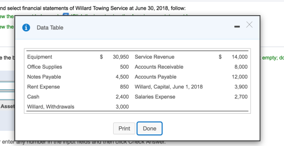 nd select financial statements of Willard Towing Service at June 30, 2018, follow: ew the 1 . . . ew the Data Table e thel $