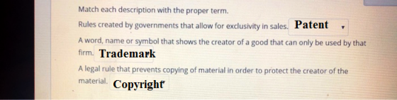 Match each description with the proper term. Rules created by governments that allow for exclusivity in sales. Patent A word,