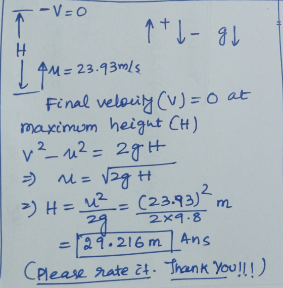 -V=0 1 + 1 gi H | Фм = AM=23.93m/s Final velocity (u) = 0 at maximum height CH) v²_ M2=28H >> n=v2gt 2) H=4²= (23.93) zg = 29