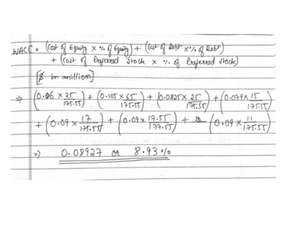 WACC (Cost of Equity x % of Equity) + (loor of debt x% of Robf) + Coat i Begjerred Trock x no Preferred Trock) fb in milliom?