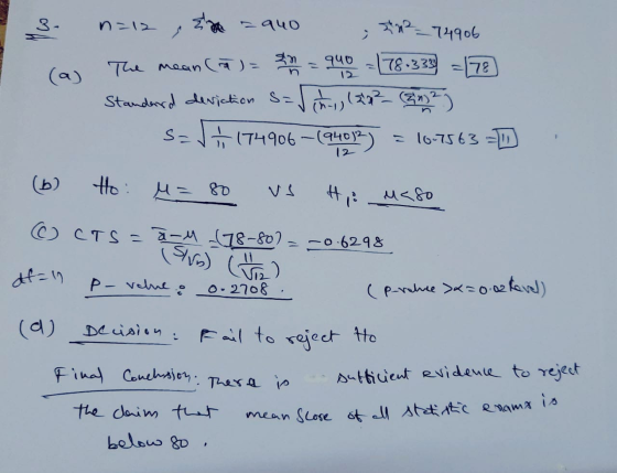 1² 74906 mean Score of al statistic enams is 3. n-12 El pe =940 The mean ( 2 ) = n = quo = 178.333 =(78 (a) Standard deviatio