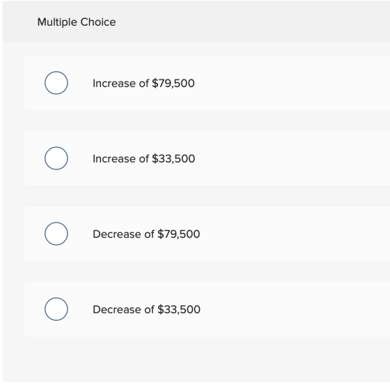 Multiple Choice Increase of $79,500 Increase of $33,500 Decrease of $79,500 Decrease of $33,500